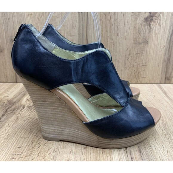 Seychelles Women's Wedge Platform Shoes Black Leather Back Zip Open Toe Size  9 - Picture 2 of 16